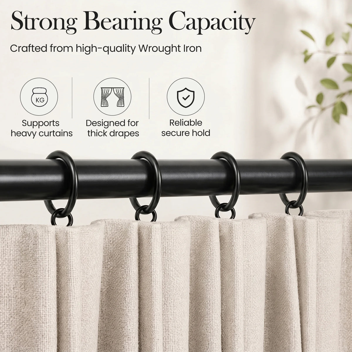 Matt Black Wrought Iron Curtain Rings – 40mm OD × 32mm ID – Pack of 10