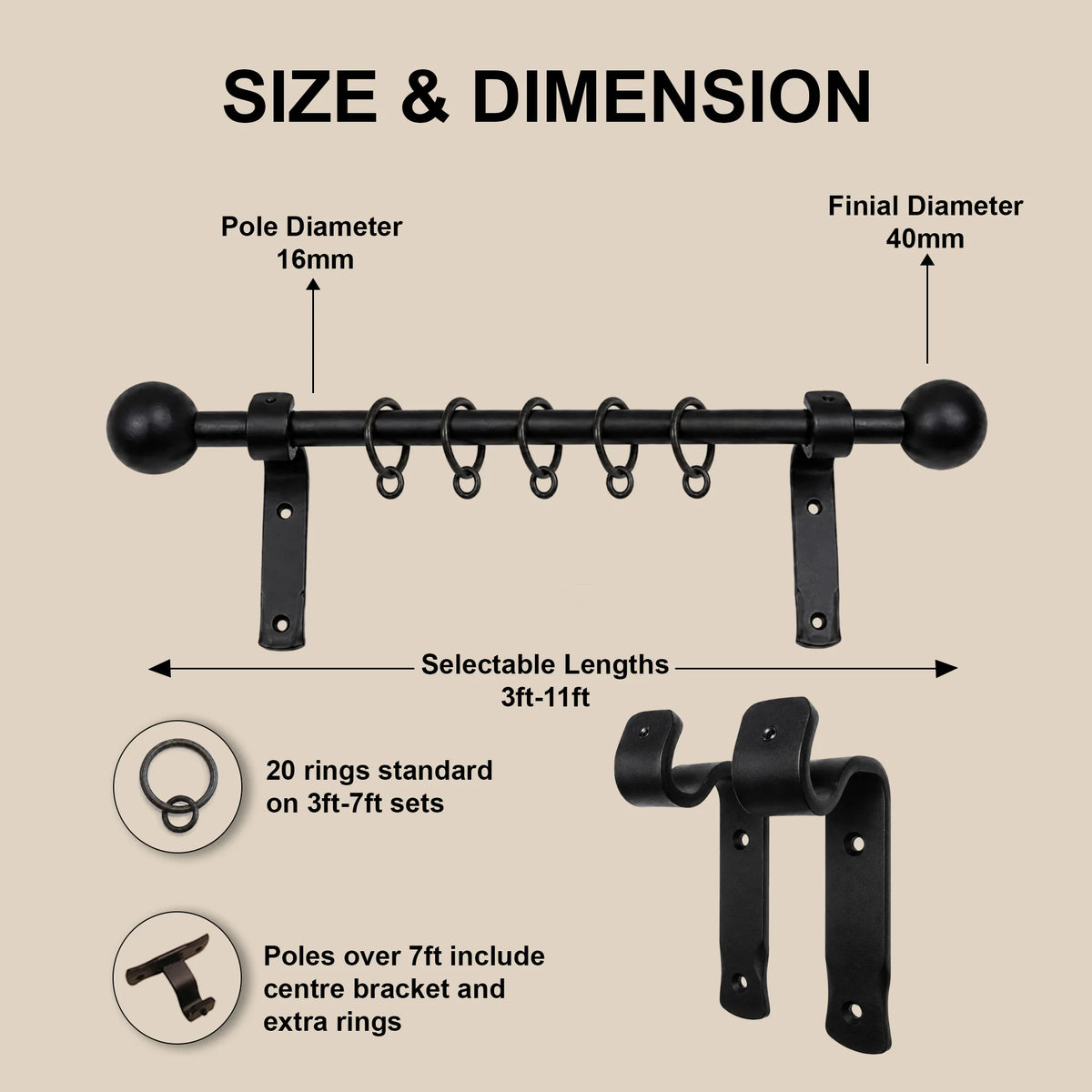 Premium 16mm Solid Wrought Iron Curtain Pole Set with Scroll Finials – Smithy Matt Black