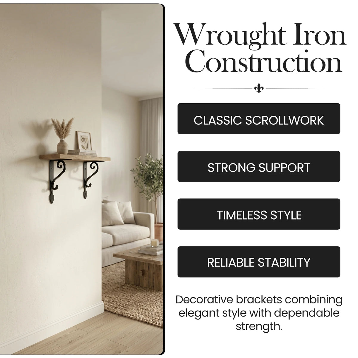 Premium Black Wrought Iron Ornate Scroll Shelf Brackets – Pair