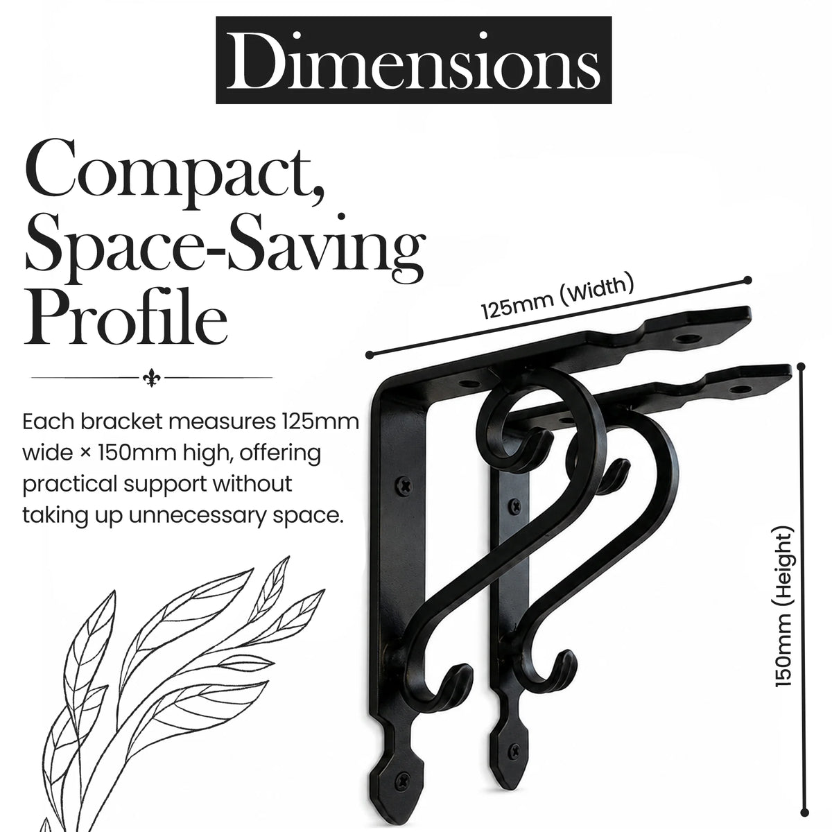 Premium Black Wrought Iron Ornate Scroll Shelf Brackets – Pair