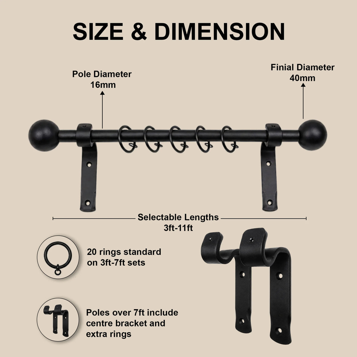 Premium 16mm Solid Wrought Iron Curtain Pole Set – Smithy Matt Black