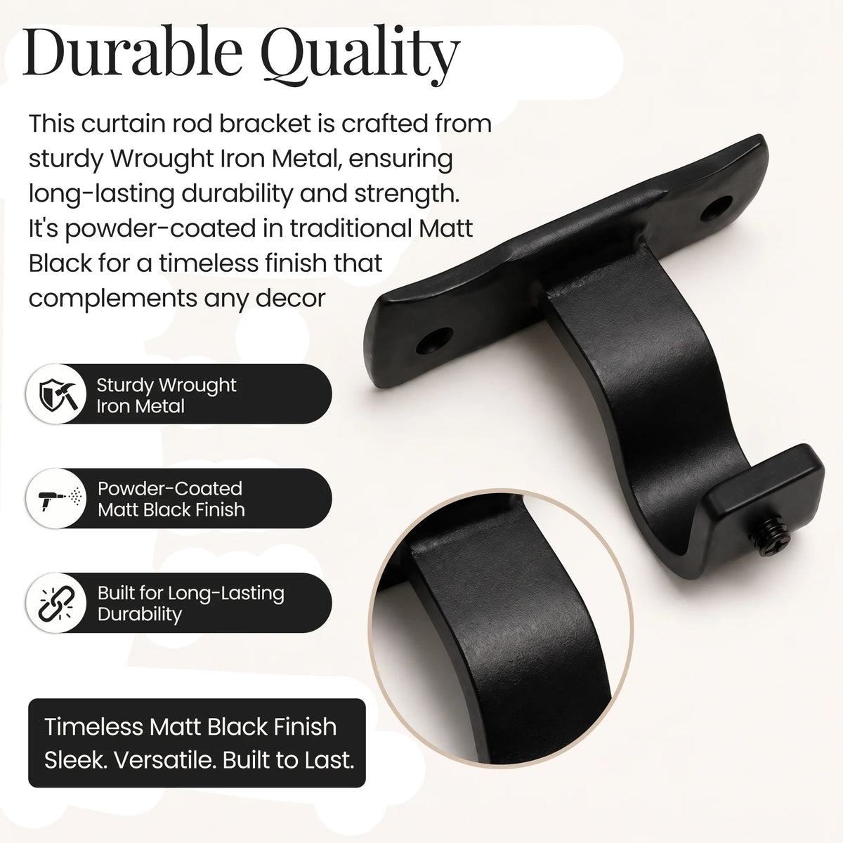 Premium Black Wrought Iron Centre Curtain Pole Bracket for 16mm Rod