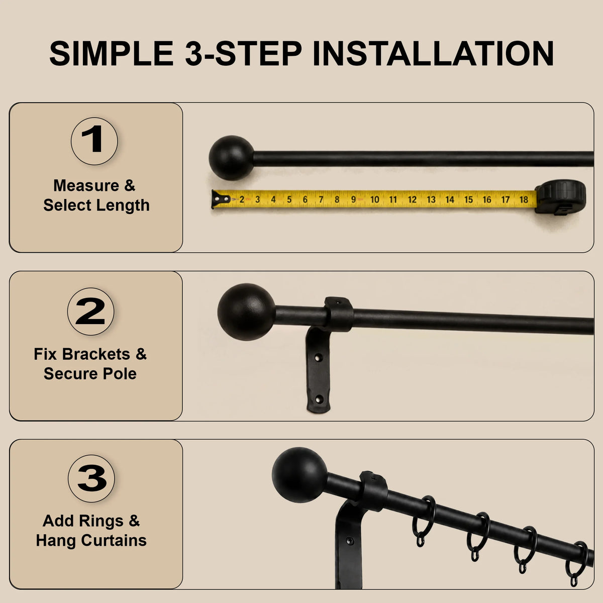 Premium 16mm Solid Wrought Iron Curtain Pole Set – Smithy Matt Black