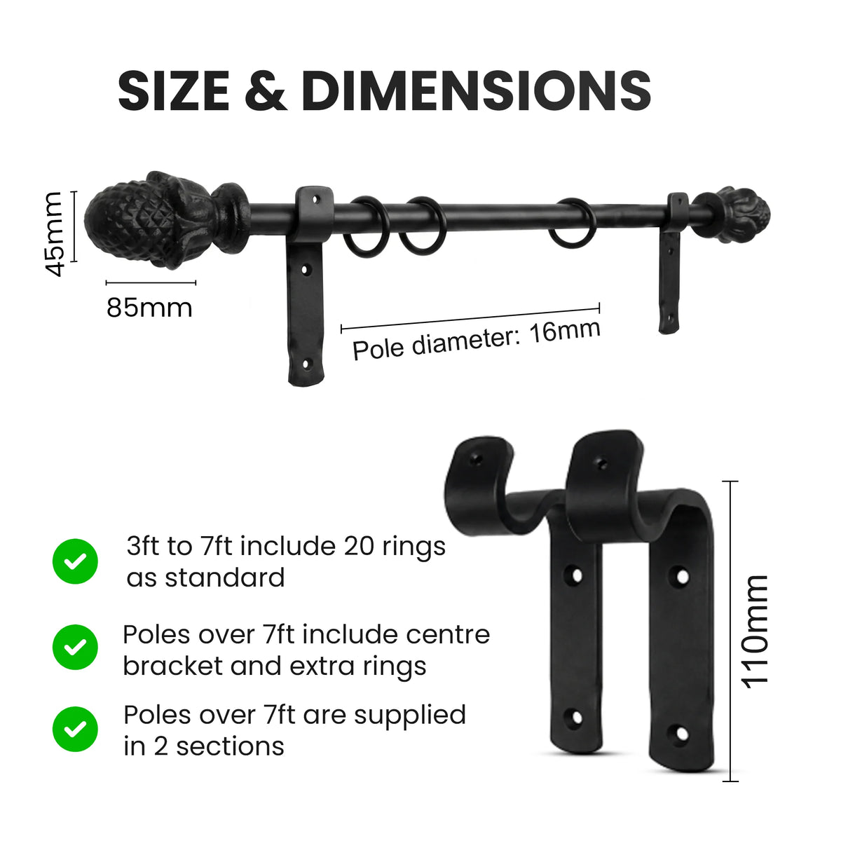 Premium 16mm Solid Wrought Iron Curtain Pole Set with Acorn Finials – Smithy Matt Black