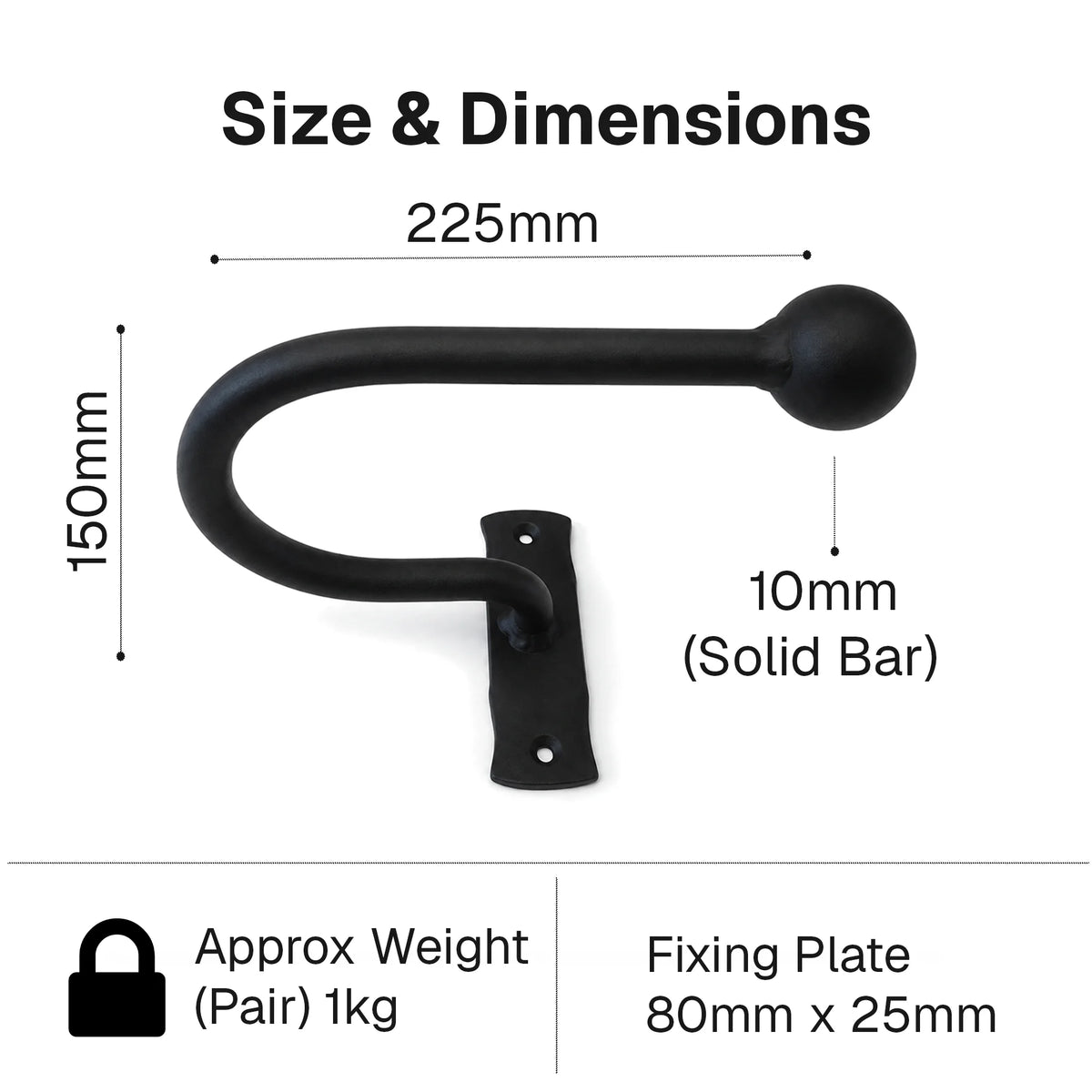 Pair of Hand Forged Wrought Iron Ball End Tie Backs – Smithy Matt Black